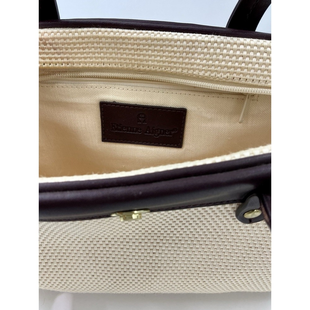 Etienne Aigner Beige Brown Woven Satchel Double Handles Gold Hardware - Picture 10 of 11